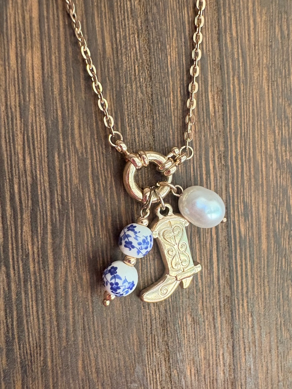 Gold Cowboy Boot Charm Necklace with Blue Floral Beads & Pearl